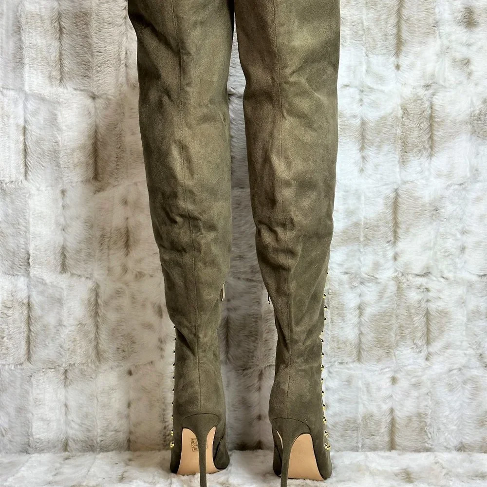 *So Me Olive Army Green Gold Stud Thigh High Heel Boots
